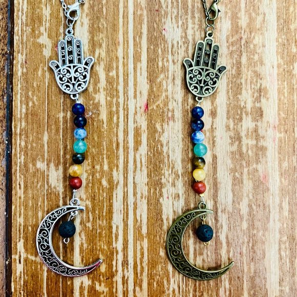Handmade 7 Chakra Car Ornament Charm Moon Hamsa Natural Stone Protection Balance - Picture 10 of 11
